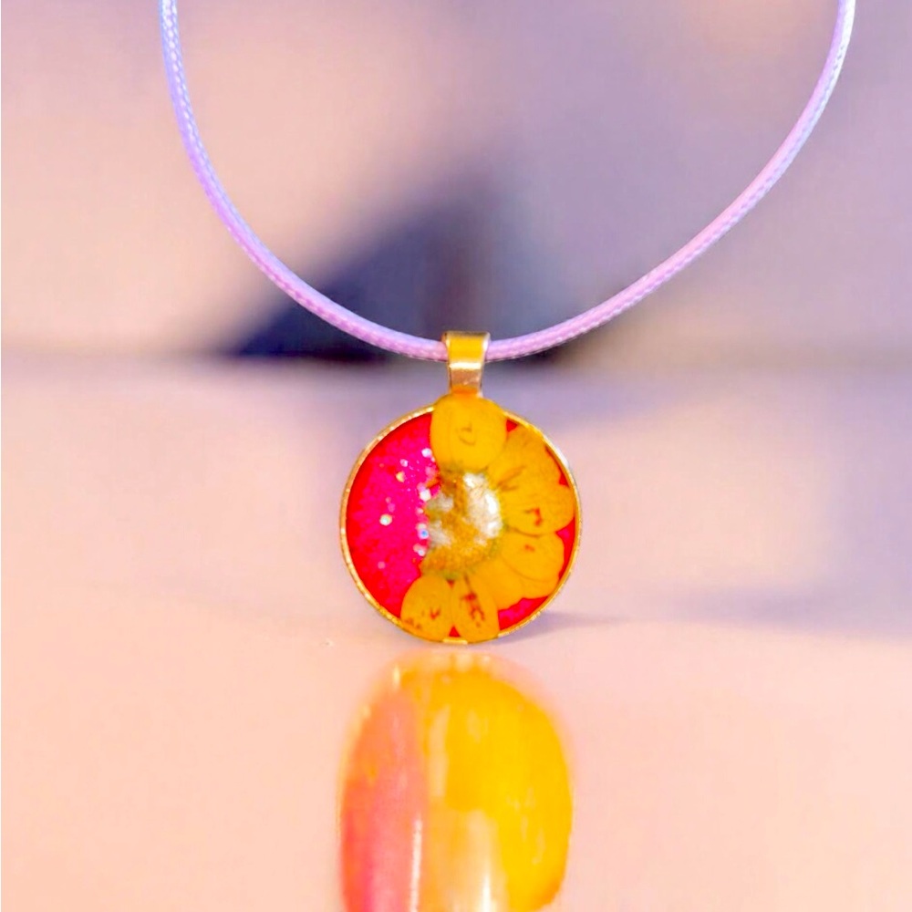 Handcrafted Yellow Daisy and Pink Artistic Pendant Necklace
